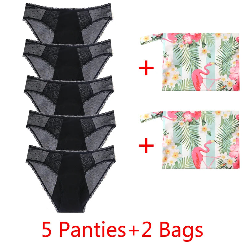 5Panties with 2Bag Sexy Lace Leakproof Menstrual Panties New Breathable Fast Absorbent Underwear Women Menstrual Briefs lingerie