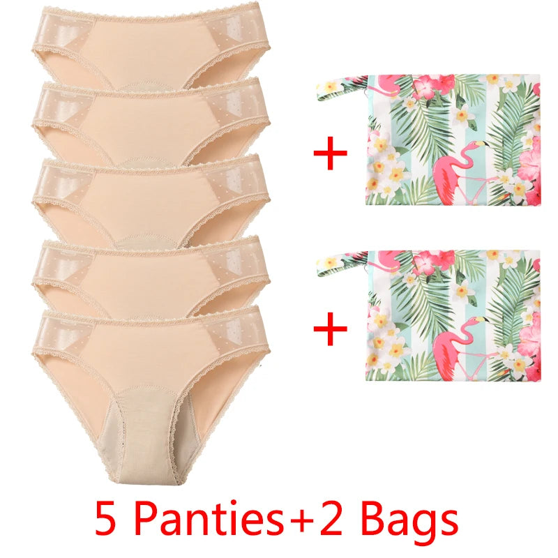 5Panties with 2Bag Sexy Lace Leakproof Menstrual Panties New Breathable Fast Absorbent Underwear Women Menstrual Briefs lingerie