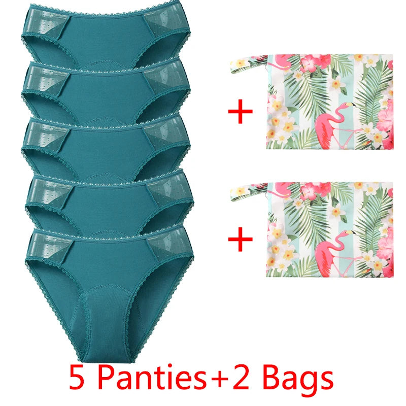 5Panties with 2Bag Sexy Lace Leakproof Menstrual Panties New Breathable Fast Absorbent Underwear Women Menstrual Briefs lingerie