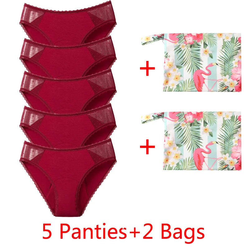 5Panties with 2Bag Sexy Lace Leakproof Menstrual Panties New Breathable Fast Absorbent Underwear Women Menstrual Briefs lingerie