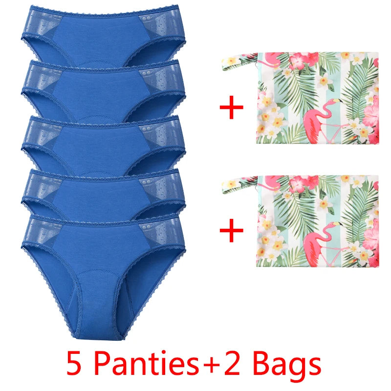 5Panties with 2Bag Sexy Lace Leakproof Menstrual Panties New Breathable Fast Absorbent Underwear Women Menstrual Briefs lingerie