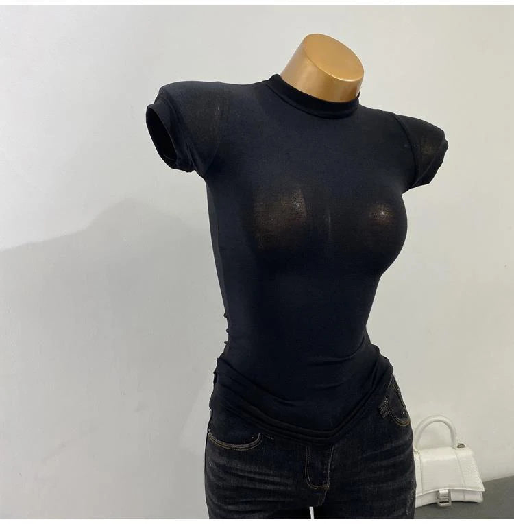 Women's Mesh Mock Neck Top – Slim Fit Stretch Short Sleeve Layering Tee