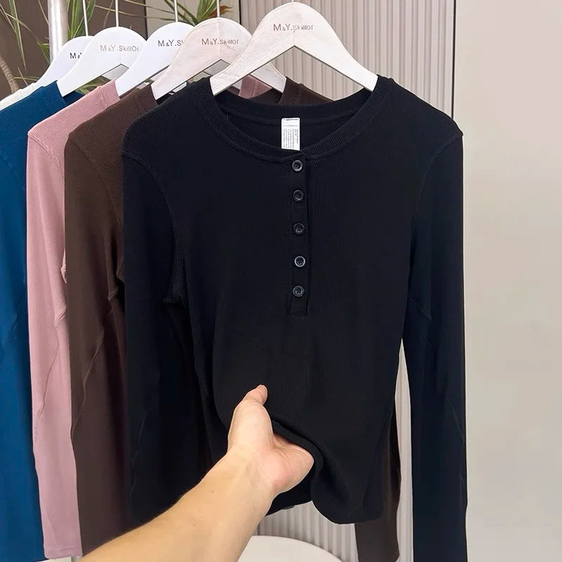 Women’s Henley Sports Top – Long Sleeve Yoga & Running Training Shirt, Stretch Fitness Activewear