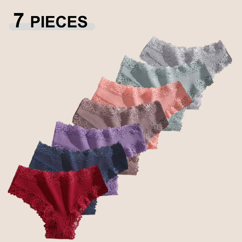 7Pcs Women’s Lace Cotton Panties Set Soft Seamless Low-Rise Brazilian Underwear S-XL