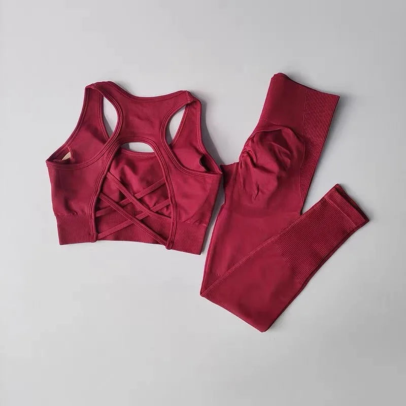 Women’s Open Back Workout Set – High Waist Yoga Leggings & Sports Bra Fitness Outfit
