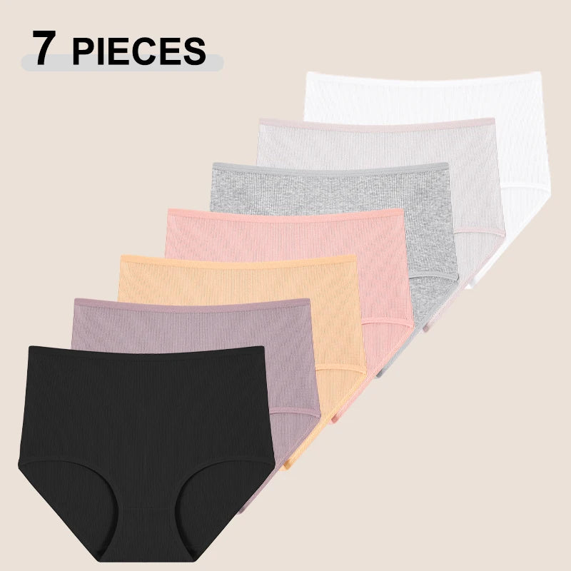 7Pcs Women’s Cotton Panties Solid Color Mid-Waist Briefs High Stretch Breathable Underwear S-2XL