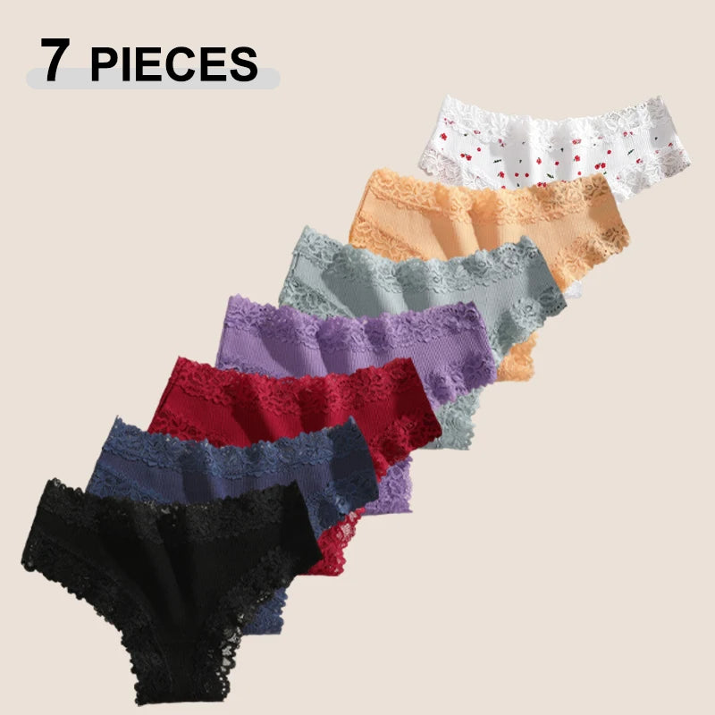 7Pcs Women’s Lace Cotton Panties Set Soft Seamless Low-Rise Brazilian Underwear S-XL