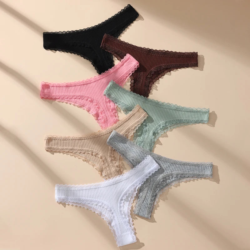7Pcs/Set Women Thongs Panties Cotton Sexy Lace Underwear Tanga Solid Pants Plus Size Underpants G-Strings Female Lingerie S-3XL