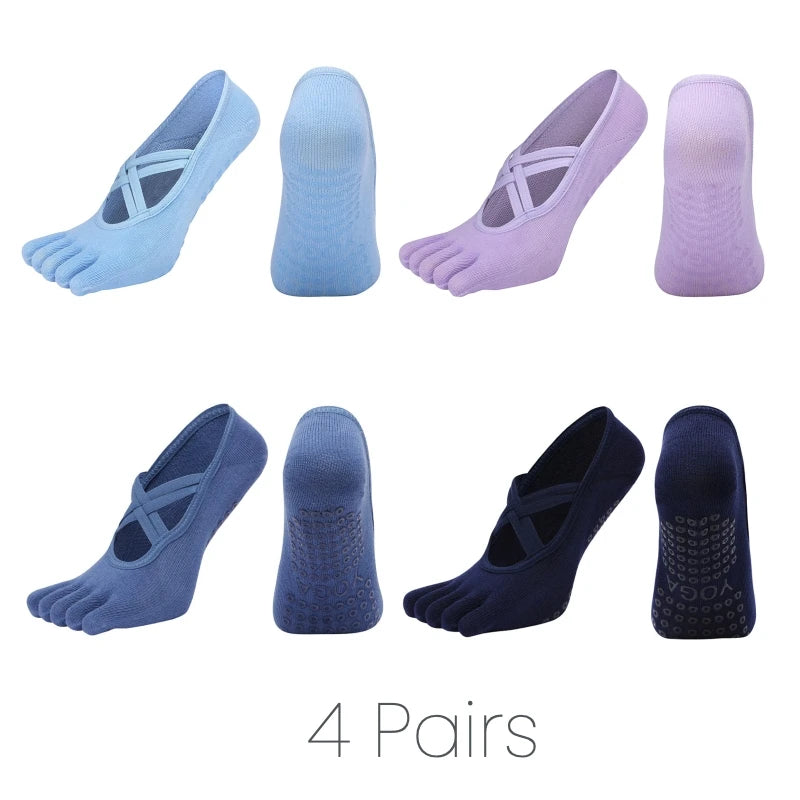 4 Pairs Women’s Five Toe Pilates Socks Anti Slip Silicone Grip Yoga Fitness Socks