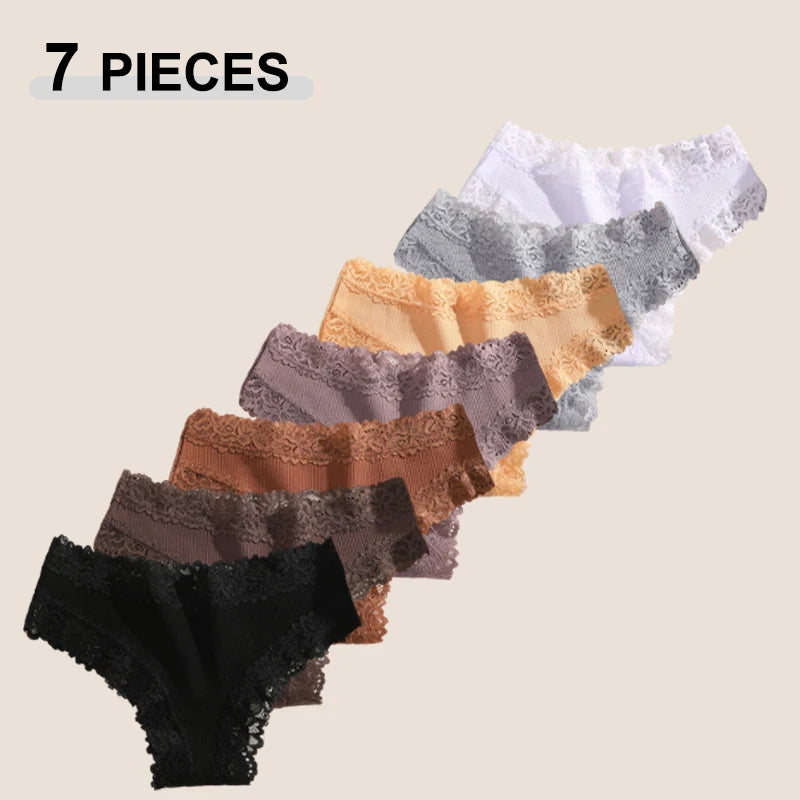 7Pcs Women’s Lace Cotton Panties Set Soft Seamless Low-Rise Brazilian Underwear S-XL