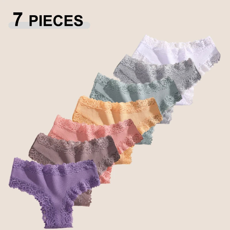 7Pcs Women’s Lace Cotton Panties Set Soft Seamless Low-Rise Brazilian Underwear S-XL