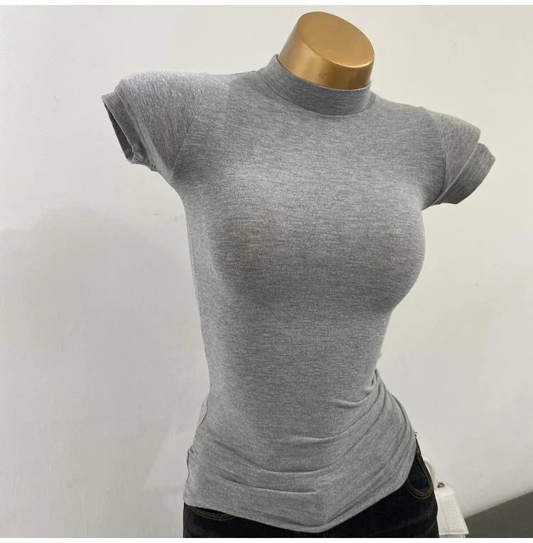 Women's Mesh Mock Neck Top – Slim Fit Stretch Short Sleeve Layering Tee