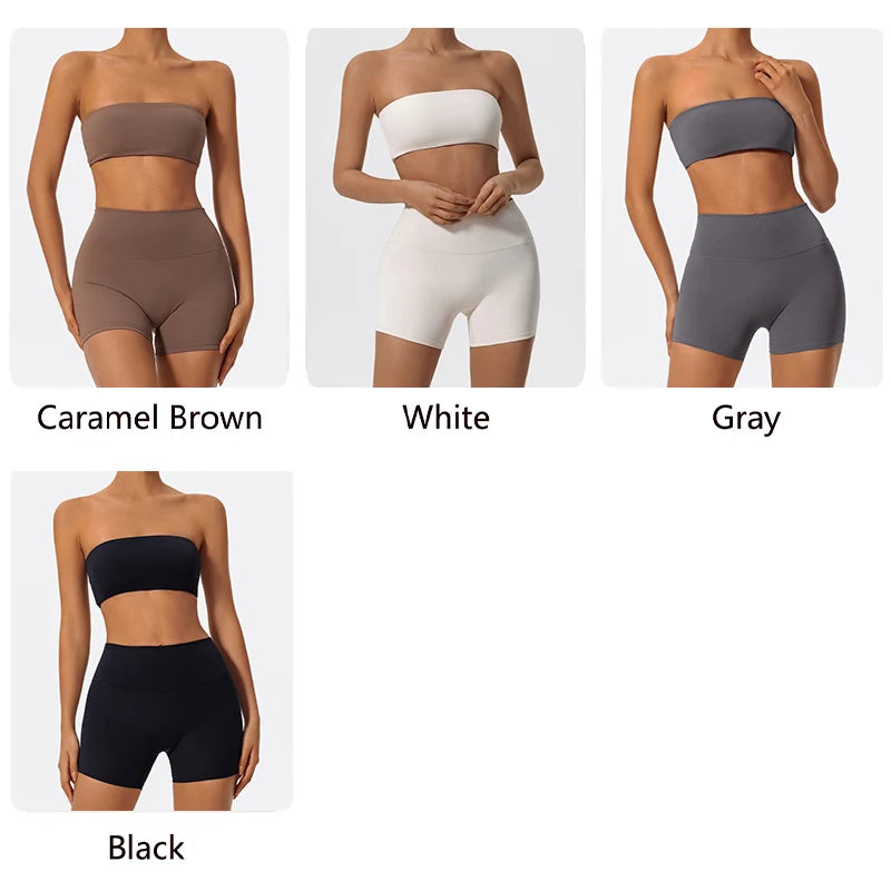 Summer 2-Piece Women’s Workout Set – Strapless Sports Bra & High Waist Yoga Shorts, Gym Fitness Outfit