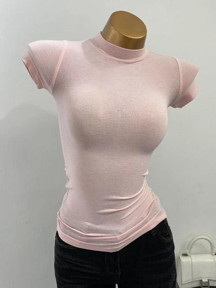 Women's Mesh Mock Neck Top – Slim Fit Stretch Short Sleeve Layering Tee