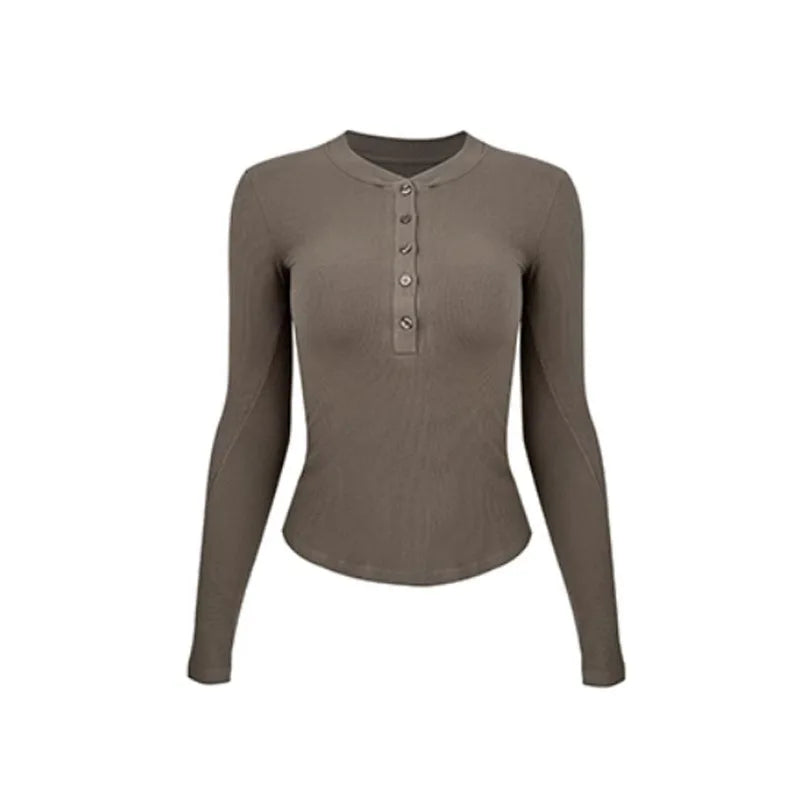 Women’s Henley Sports Top – Long Sleeve Yoga & Running Training Shirt, Stretch Fitness Activewear