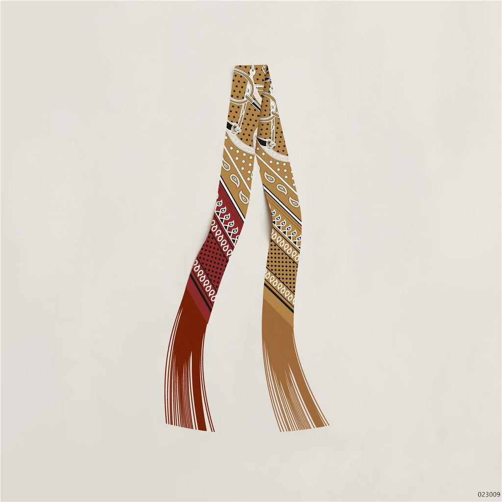 Women's Satin Silk Feel Twilly Fringe Scarf – Tassel Print Scarf Ribbon, Bag Handle Wrap & Neck Scarf
