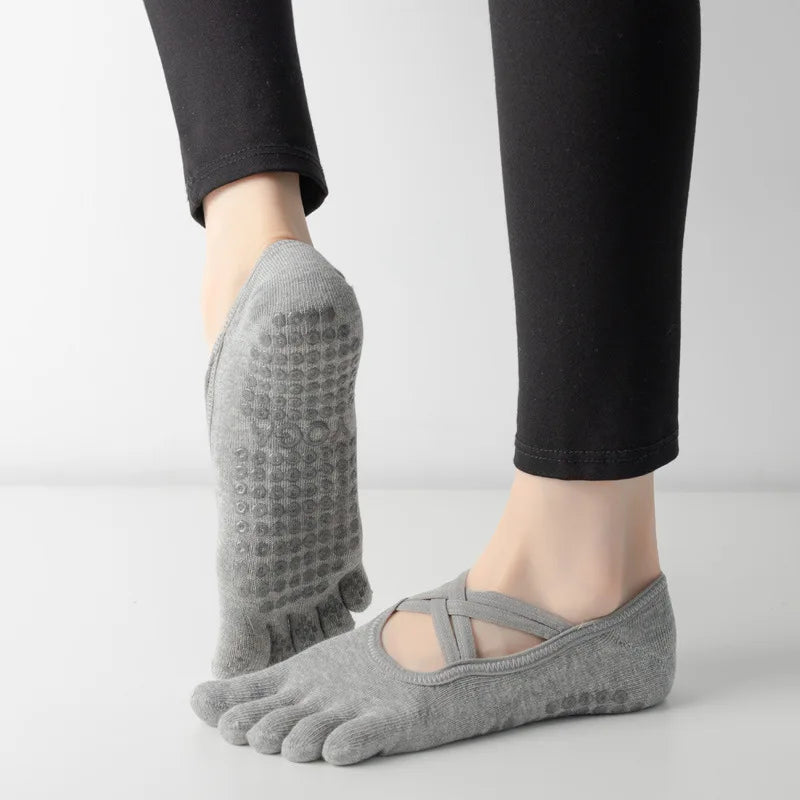 4 Pairs Women’s Five Toe Pilates Socks Anti Slip Silicone Grip Yoga Fitness Socks