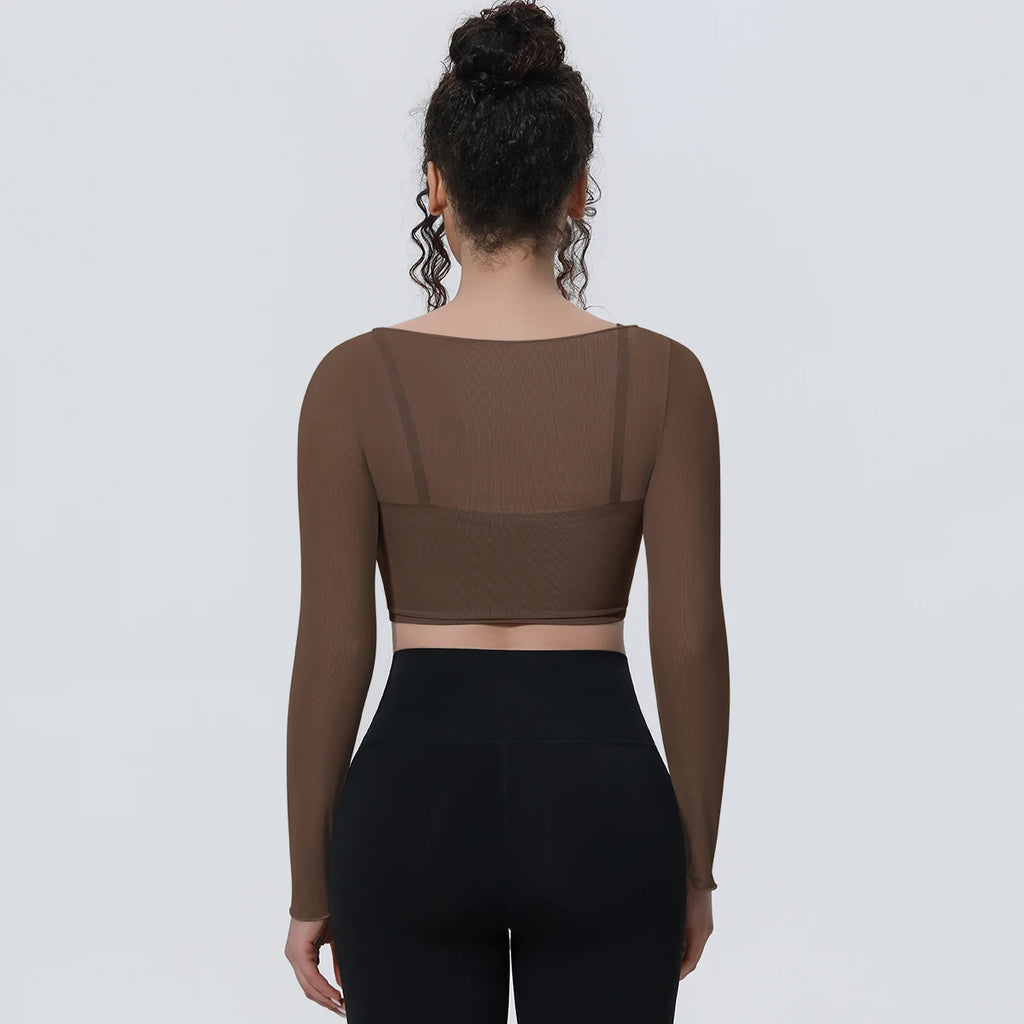 Woman Sports Yoga Long Sleeves Workout Top Solid Color False Two-piece Mesh Running Shirts with Chest Pad Summer Long Sleeves