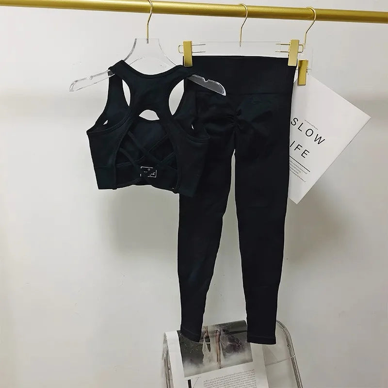 Women’s Open Back Workout Set – High Waist Yoga Leggings & Sports Bra Fitness Outfit