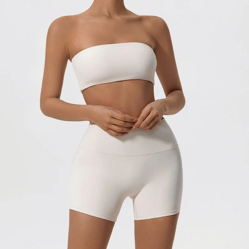 Summer 2-Piece Women’s Workout Set – Strapless Sports Bra & High Waist Yoga Shorts, Gym Fitness Outfit
