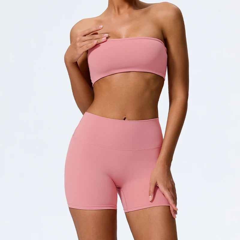 Summer 2-Piece Women’s Workout Set – Strapless Sports Bra & High Waist Yoga Shorts, Gym Fitness Outfit