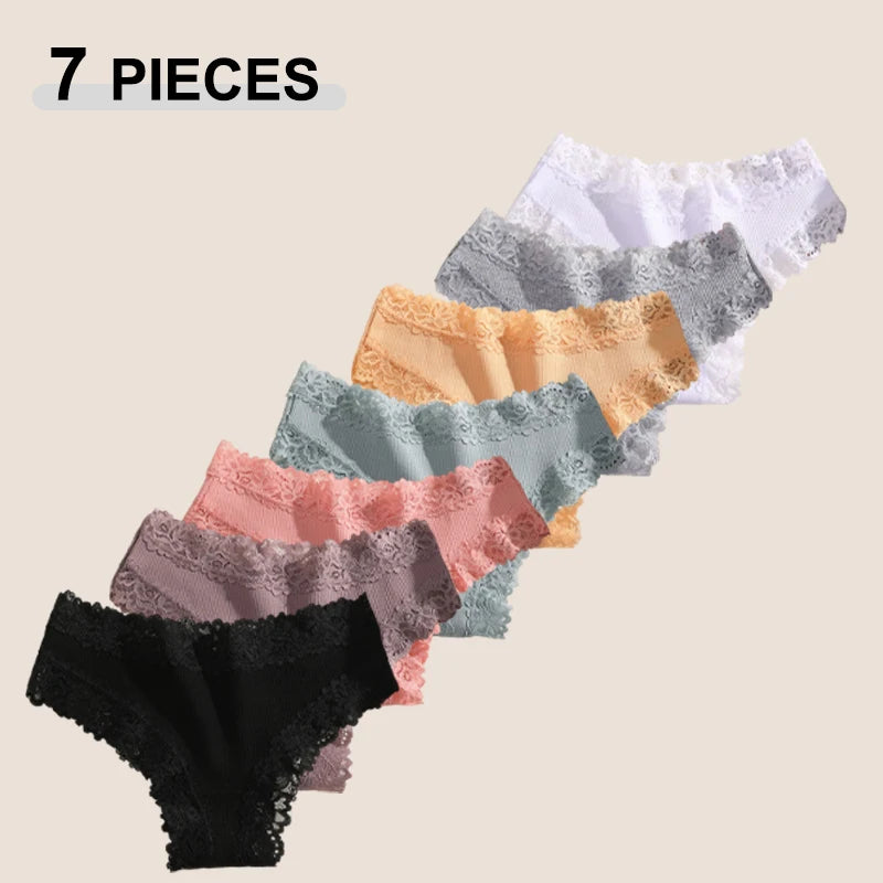 7Pcs Women’s Lace Cotton Panties Set Soft Seamless Low-Rise Brazilian Underwear S-XL