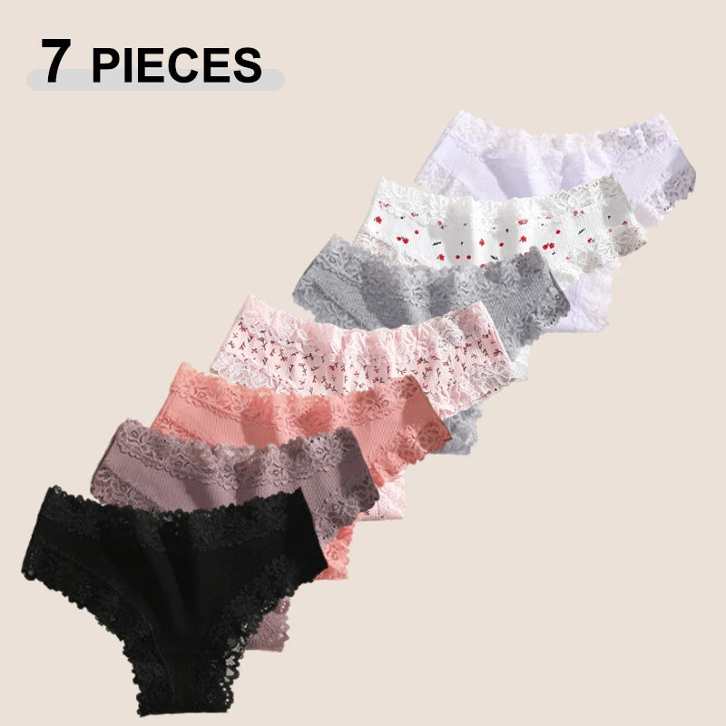 7Pcs Women’s Lace Cotton Panties Set Soft Seamless Low-Rise Brazilian Underwear S-XL