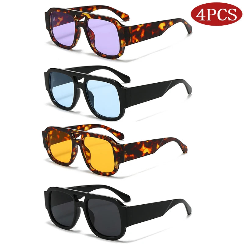 4 Sets Oversized Square Sunglasses Double Bridge Candy Color Fashion Outdoor Shades for Women & Men