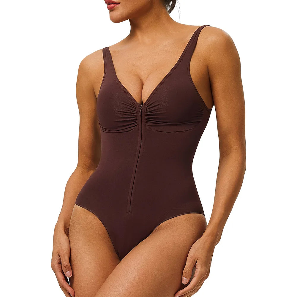 Seamless Shapewear Bodysuit – Tummy Control Compression One-Piece with Zipper & Adjustable Straps