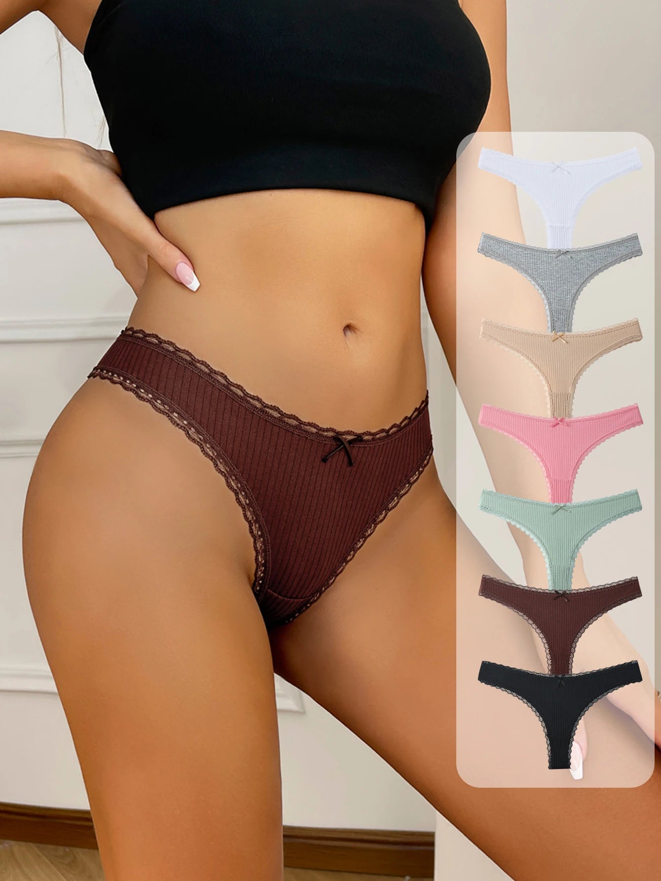 7Pcs/Set Women Thongs Panties Cotton Sexy Lace Underwear Tanga Solid Pants Plus Size Underpants G-Strings Female Lingerie S-3XL