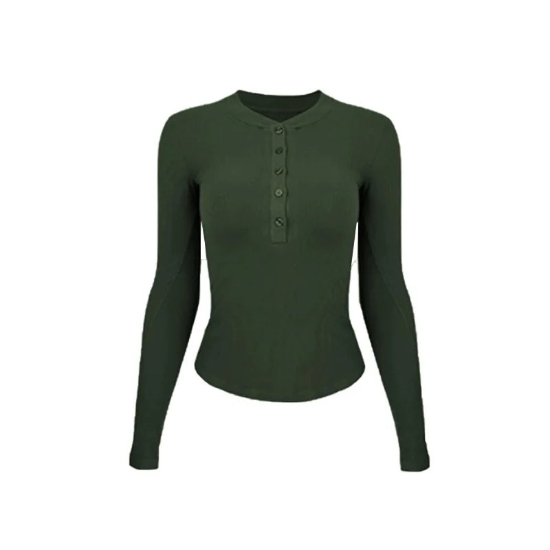 Women’s Henley Sports Top – Long Sleeve Yoga & Running Training Shirt, Stretch Fitness Activewear