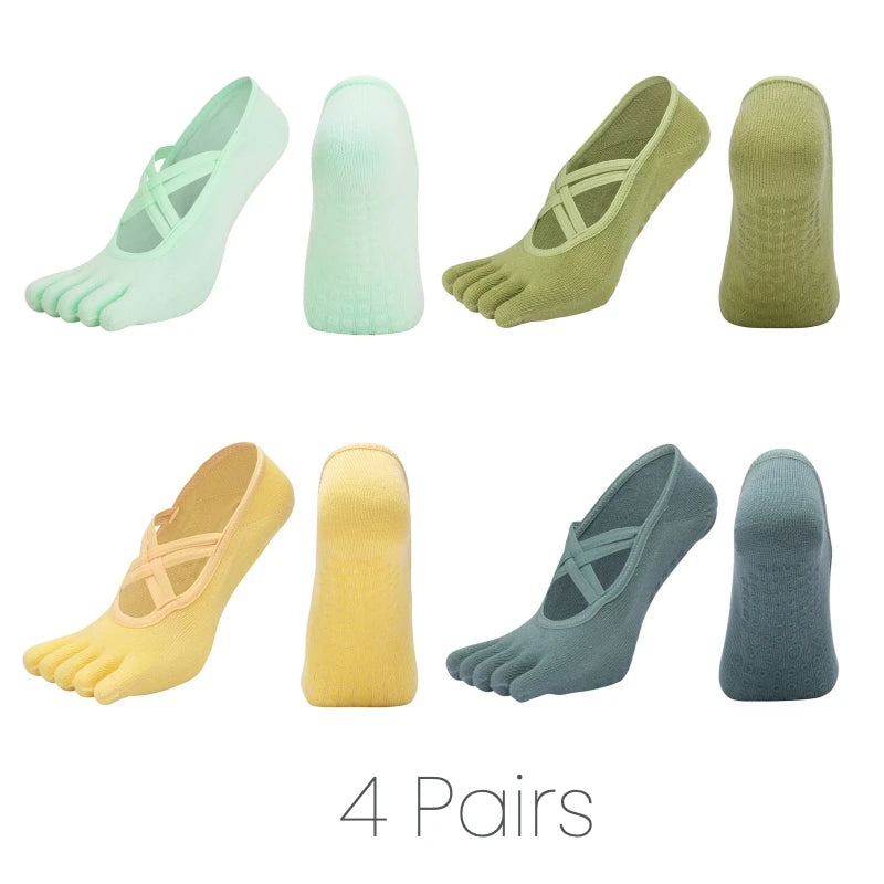 4 Pairs Women’s Five Toe Pilates Socks Anti Slip Silicone Grip Yoga Fitness Socks