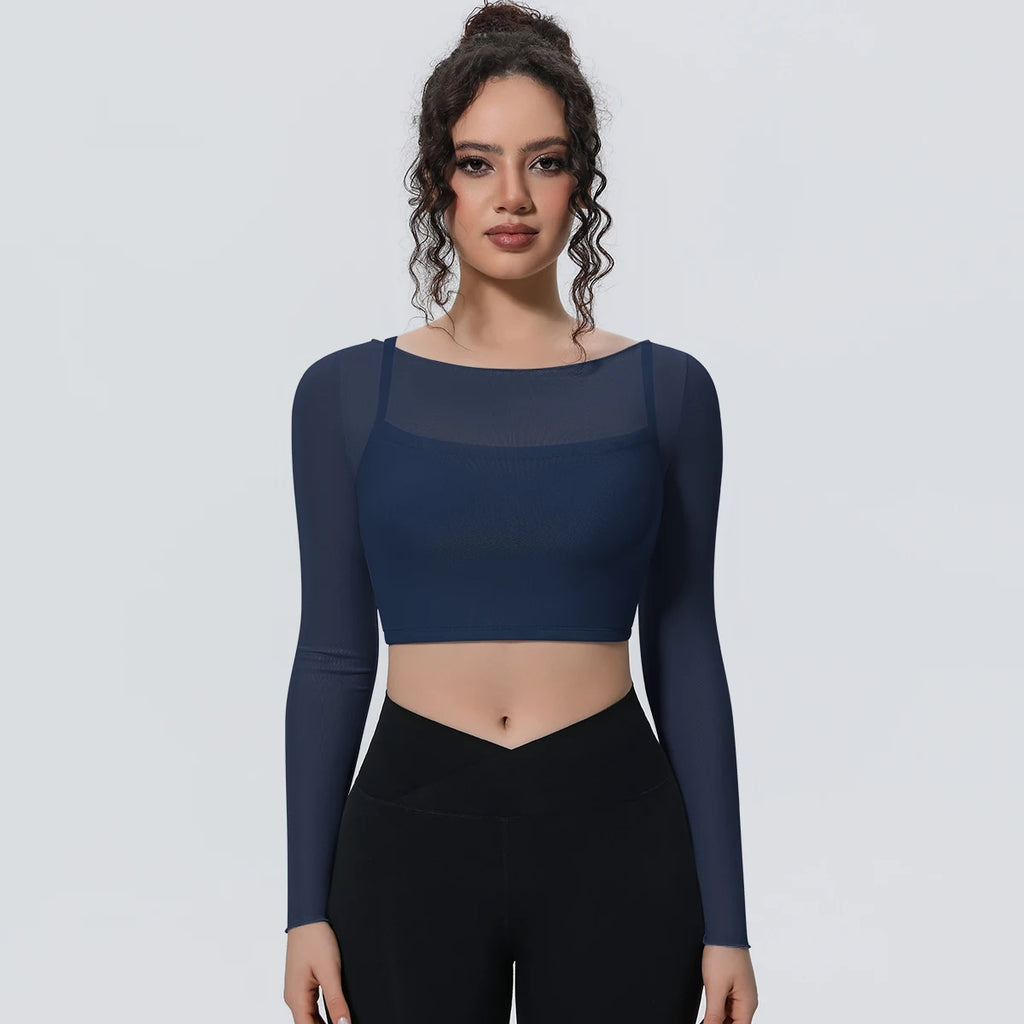 Woman Sports Yoga Long Sleeves Workout Top Solid Color False Two-piece Mesh Running Shirts with Chest Pad Summer Long Sleeves