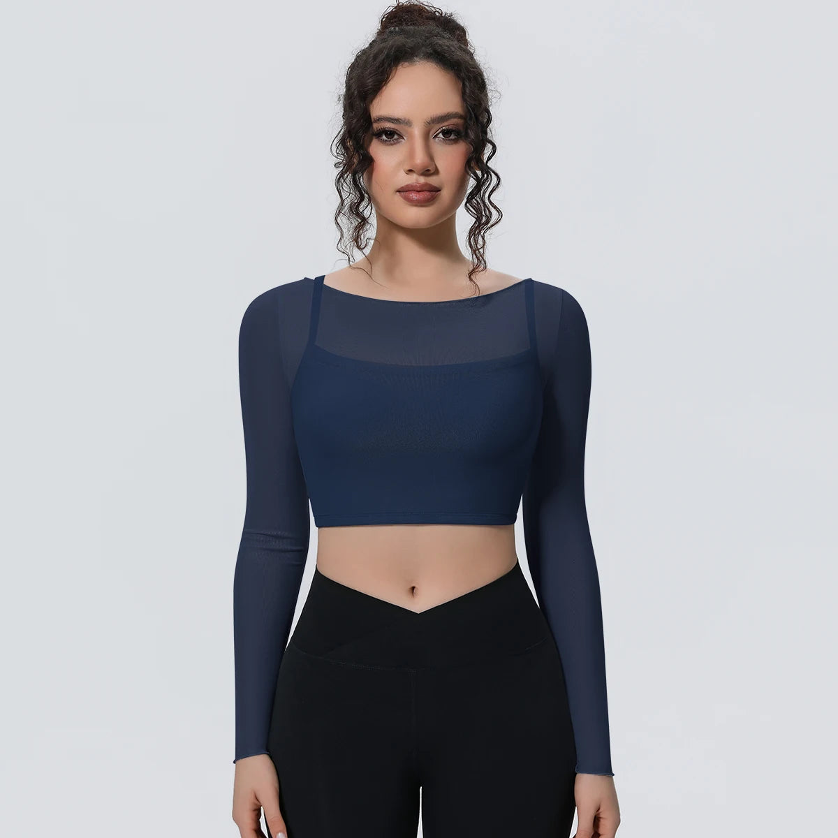 Woman Sports Yoga Long Sleeves Workout Top Solid Color False Two-piece Mesh Running Shirts with Chest Pad Summer Long Sleeves