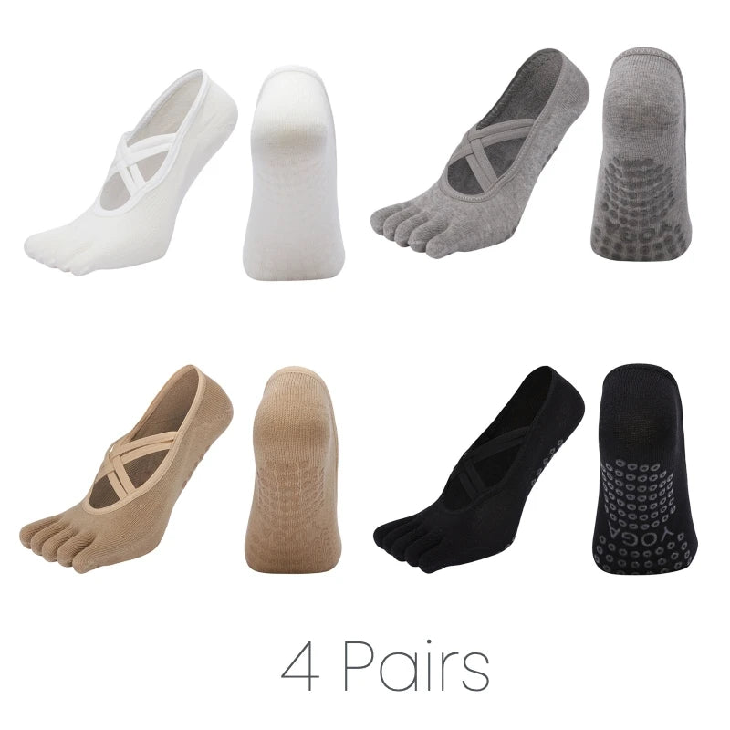 4 Pairs Women’s Five Toe Pilates Socks Anti Slip Silicone Grip Yoga Fitness Socks