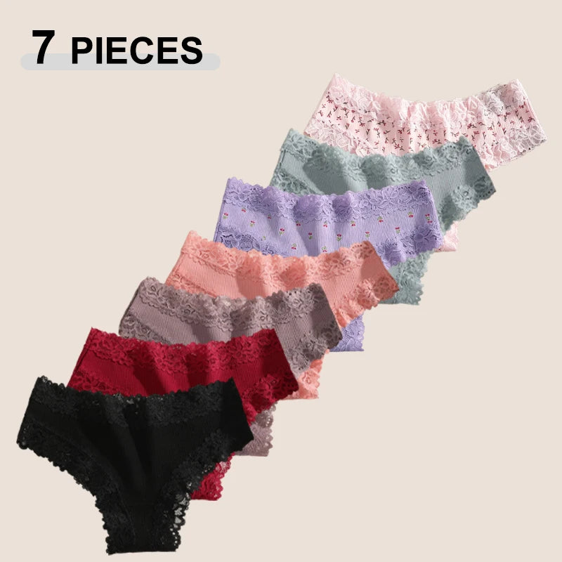 7Pcs Women’s Lace Cotton Panties Set Soft Seamless Low-Rise Brazilian Underwear S-XL
