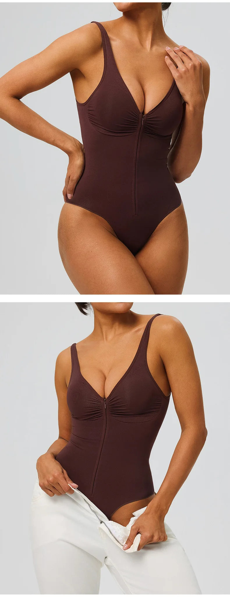 Seamless Shapewear Bodysuit – Tummy Control Compression One-Piece with Zipper & Adjustable Straps