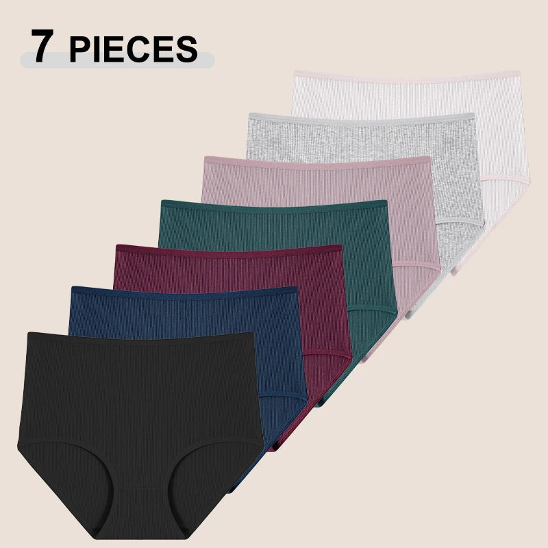 7Pcs Women’s Cotton Panties Solid Color Mid-Waist Briefs High Stretch Breathable Underwear S-2XL