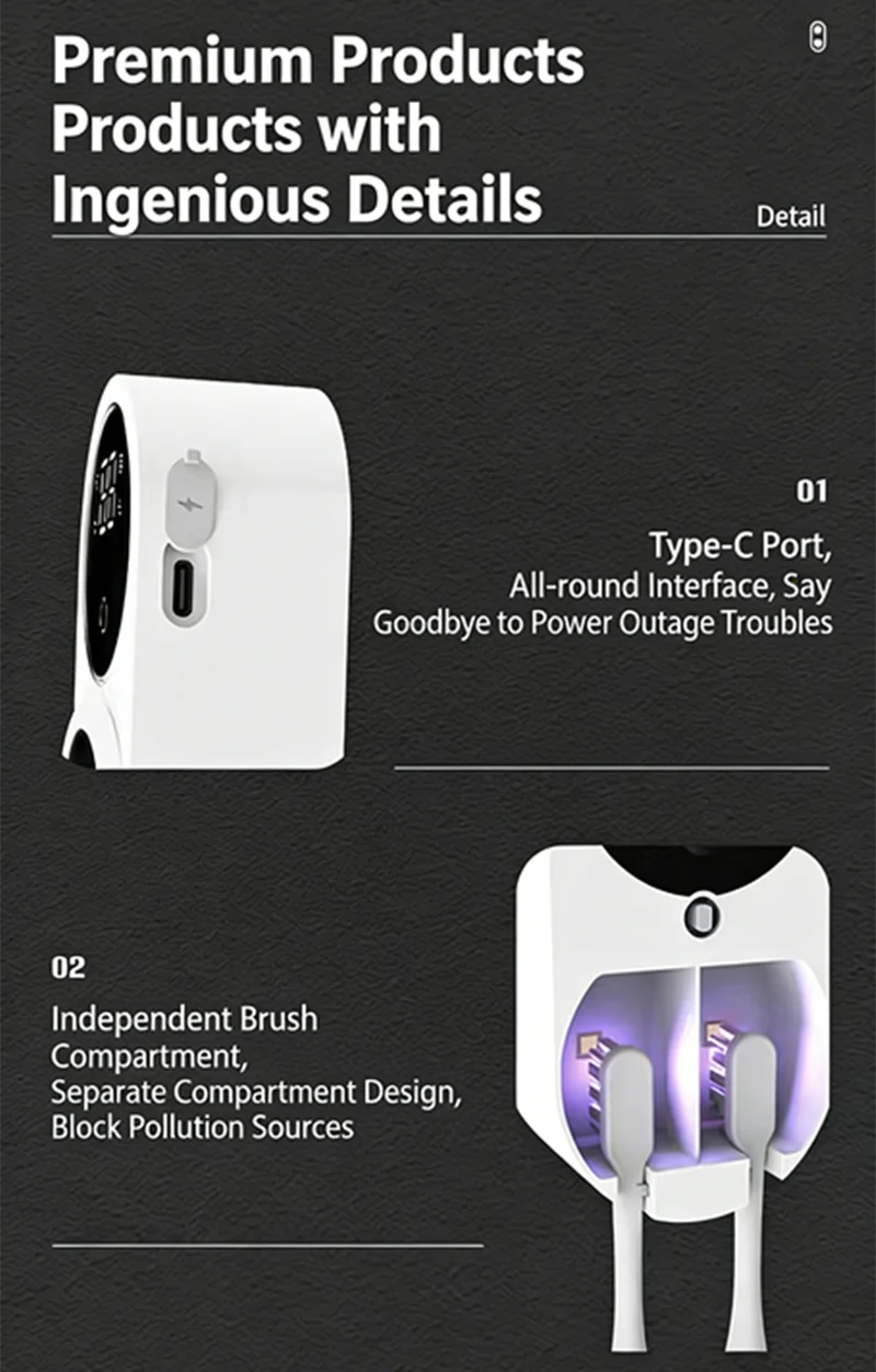 UV Toothbrush Sterilizer Case Portable Rechargeable Travel Holder with Display