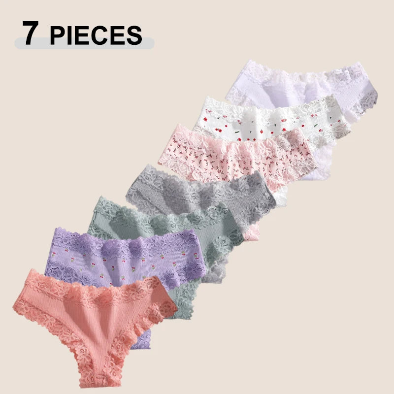7Pcs Women’s Lace Cotton Panties Set Soft Seamless Low-Rise Brazilian Underwear S-XL