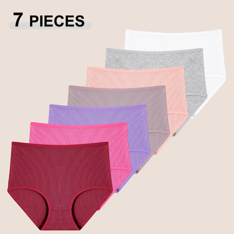 7Pcs Women’s Cotton Panties Solid Color Mid-Waist Briefs High Stretch Breathable Underwear S-2XL