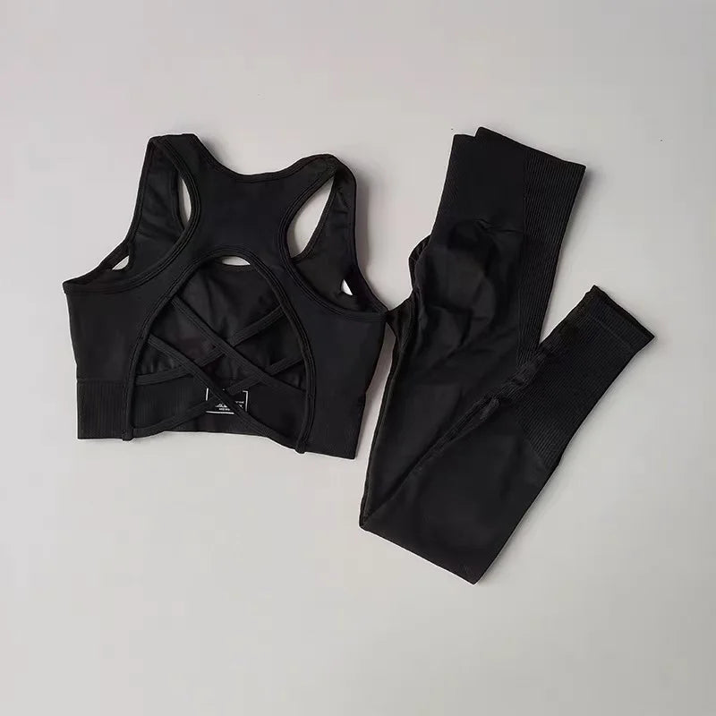 Women’s Open Back Workout Set – High Waist Yoga Leggings & Sports Bra Fitness Outfit