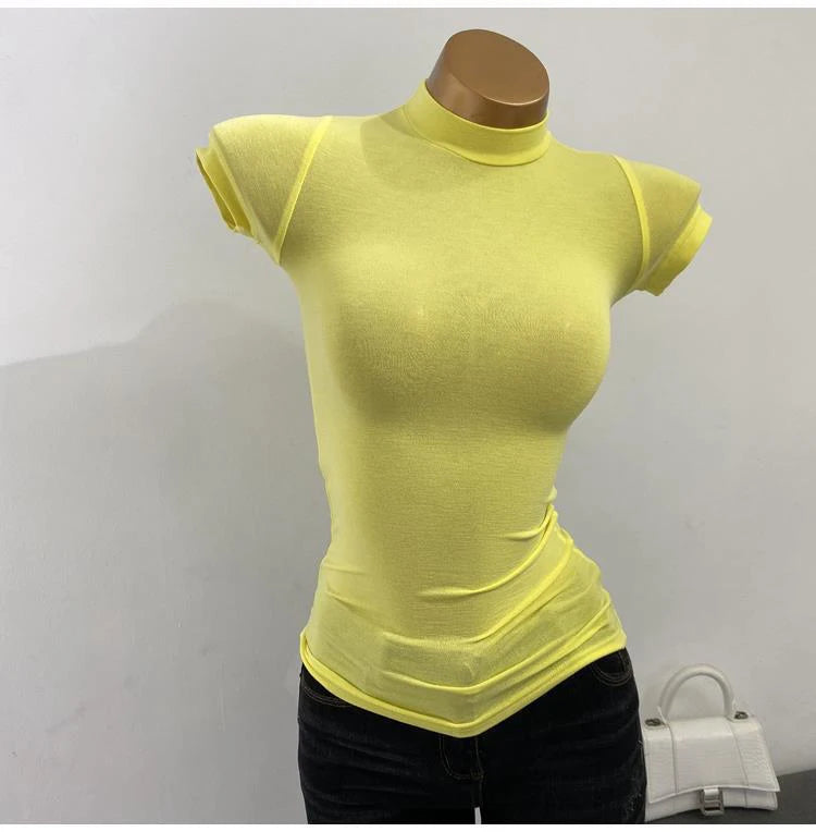 Women's Mesh Mock Neck Top – Slim Fit Stretch Short Sleeve Layering Tee
