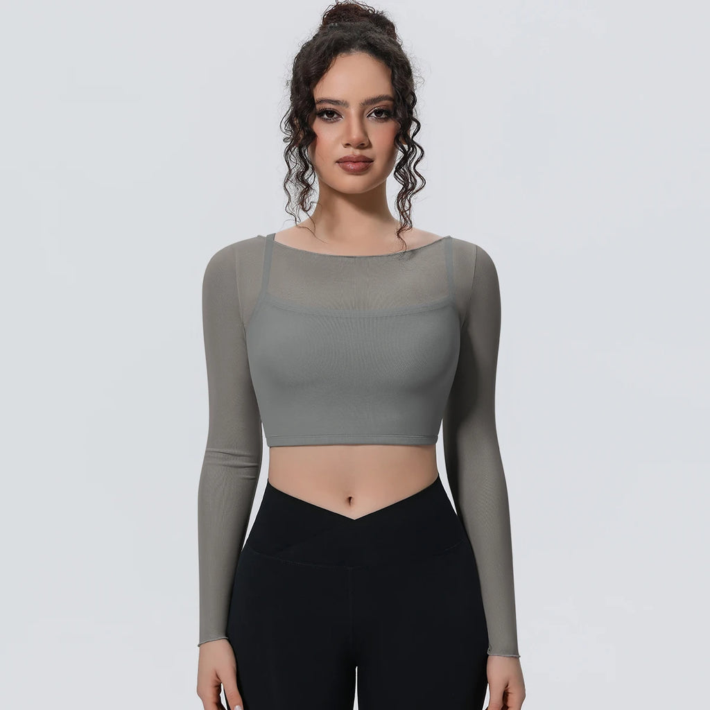 Woman Sports Yoga Long Sleeves Workout Top Solid Color False Two-piece Mesh Running Shirts with Chest Pad Summer Long Sleeves