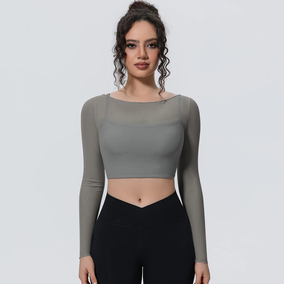 Woman Sports Yoga Long Sleeves Workout Top Solid Color False Two-piece Mesh Running Shirts with Chest Pad Summer Long Sleeves