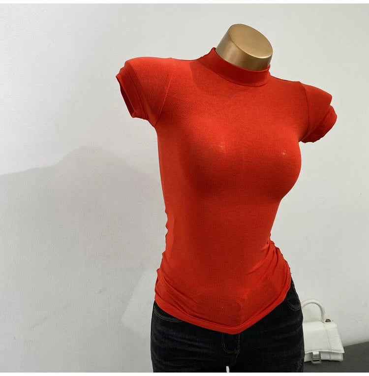 Women's Mesh Mock Neck Top – Slim Fit Stretch Short Sleeve Layering Tee