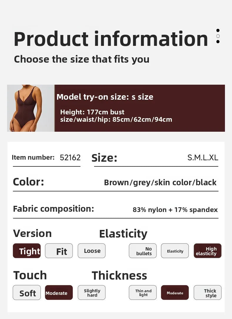 Seamless Shapewear Bodysuit – Tummy Control Compression One-Piece with Zipper & Adjustable Straps