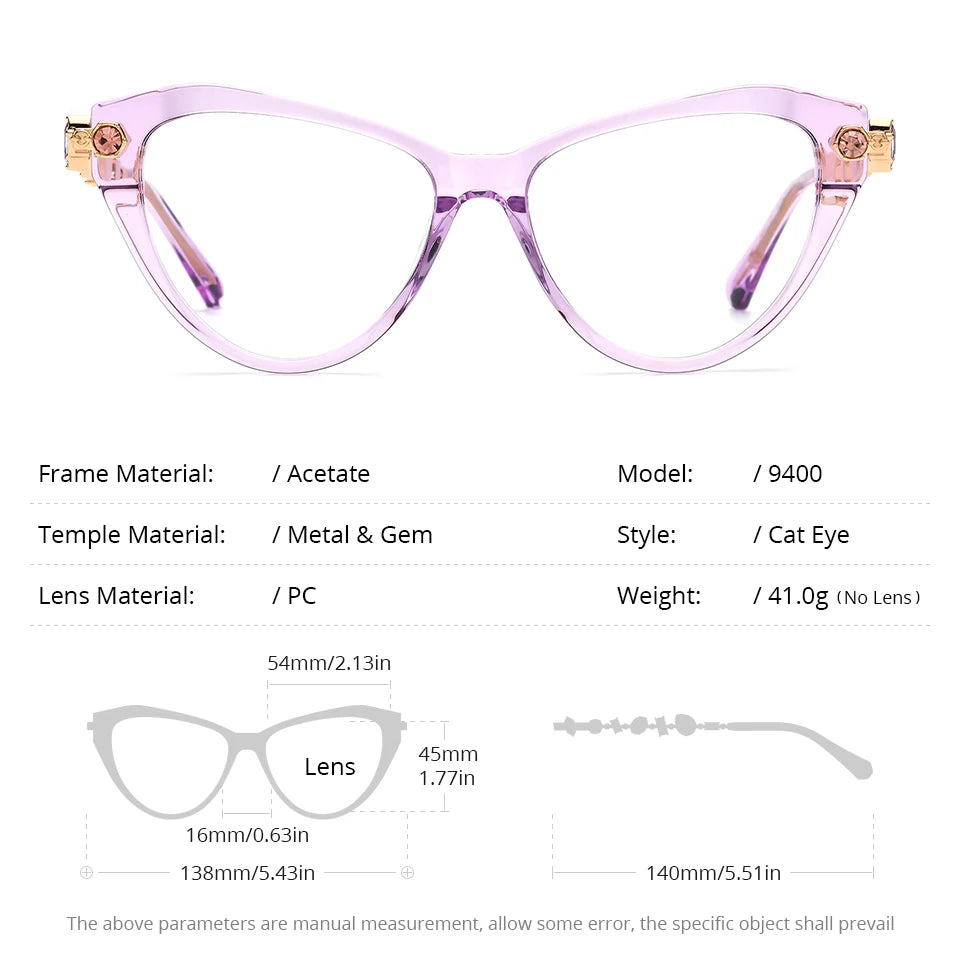 Cat Eye Diamond Eyeglasses Frame – Acetate Metal Luxury Style Fashion Glasses for Women