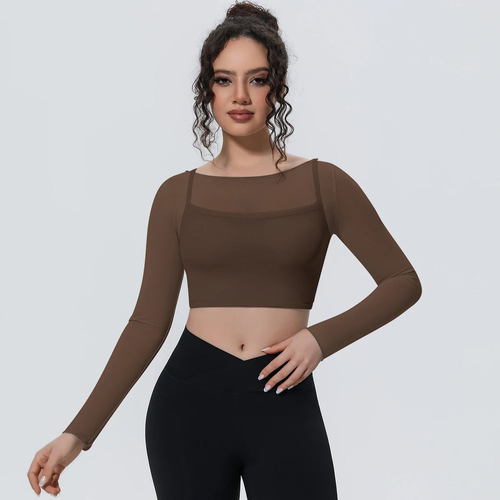 Woman Sports Yoga Long Sleeves Workout Top Solid Color False Two-piece Mesh Running Shirts with Chest Pad Summer Long Sleeves