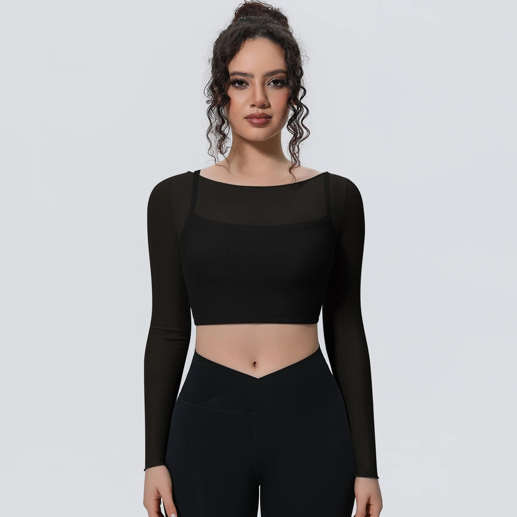 Woman Sports Yoga Long Sleeves Workout Top Solid Color False Two-piece Mesh Running Shirts with Chest Pad Summer Long Sleeves